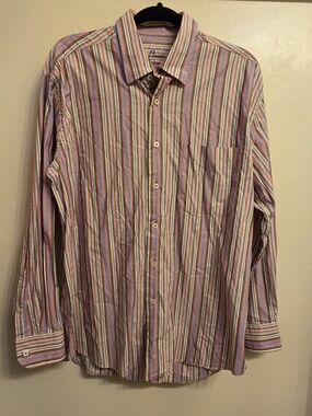 Alan Flusser Multi-Color Vertical Stripe Cotton Button Up Shirt L Boho Retro